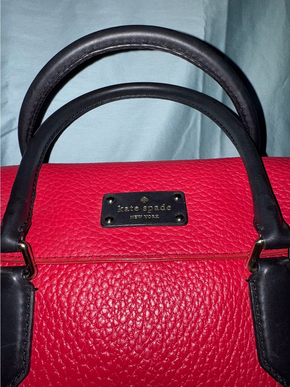 kate spade Red Pebbled Leather Satchel with Black Handles & Strap - Picture 7 of 13